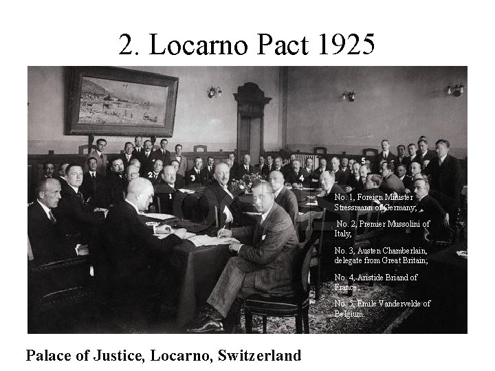 2. Locarno Pact 1925 No. 1, Foreign Minister Stressmann of Germany; No. 2, Premier