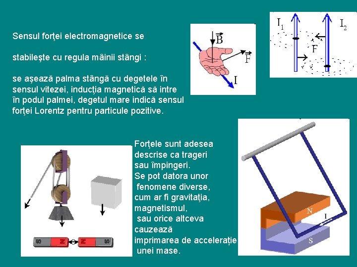 Sensul forţei electromagnetice se stabileşte cu regula mâinii stângi : se aşează palma stângă