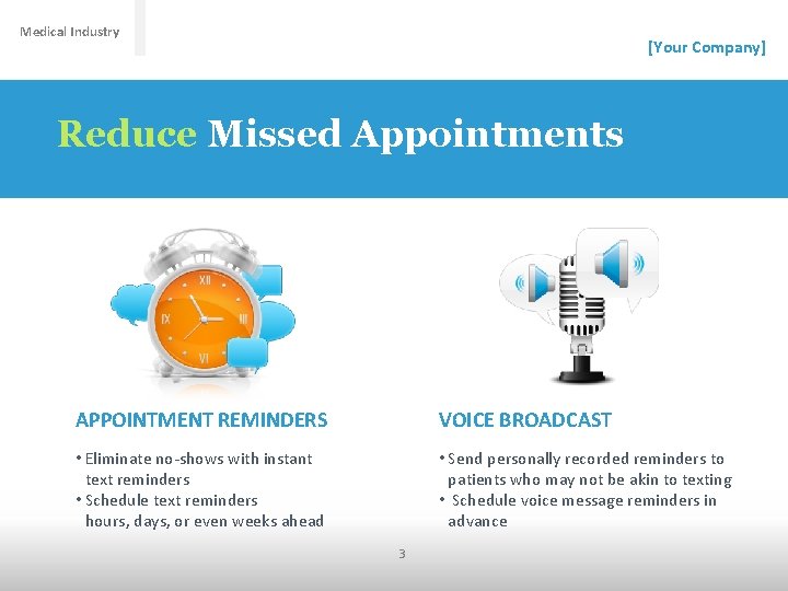 Medical Industry [Your Company] Reduce Missed Appointments APPOINTMENT REMINDERS VOICE BROADCAST • Eliminate no-shows