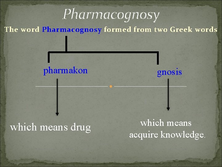 Pharmacognosy The word Pharmacognosy formed from two Greek words pharmakon which means drug gnosis