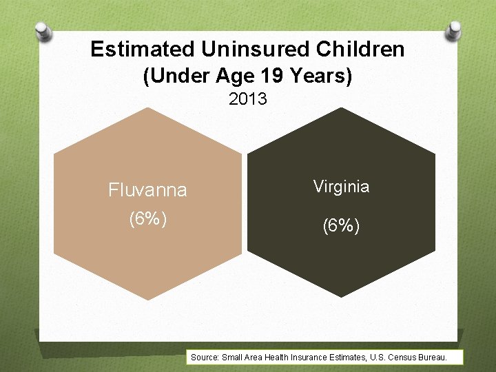 Estimated Uninsured Children (Under Age 19 Years) 2013 Fluvanna Virginia (6%) Source: Small Area