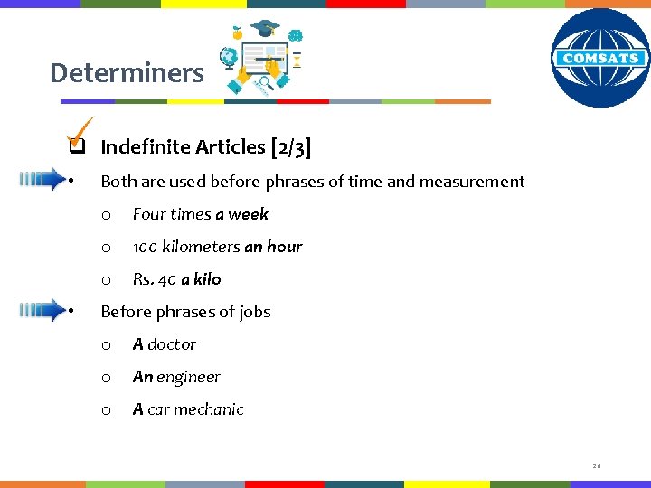 Determiners q Indefinite Articles [2/3] • • Both are used before phrases of time