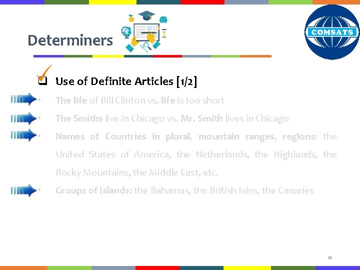 Determiners q Use of Definite Articles [1/2] • The life of Bill Clinton vs.