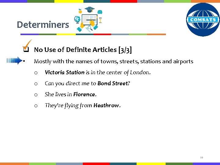 Determiners q No Use of Definite Articles [3/3] • Mostly with the names of