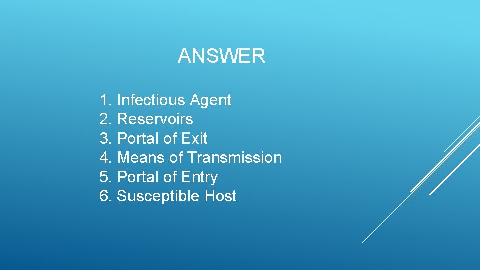 ANSWER 1. Infectious Agent 2. Reservoirs 3. Portal of Exit 4. Means of Transmission