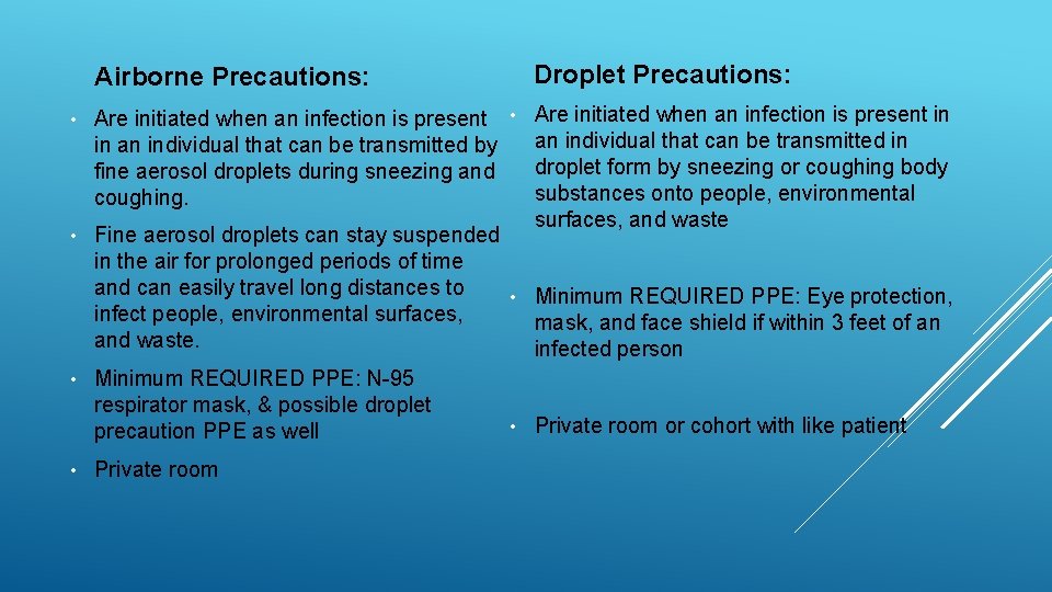 Droplet Precautions: Airborne Precautions: Are initiated when an infection is present • Are initiated