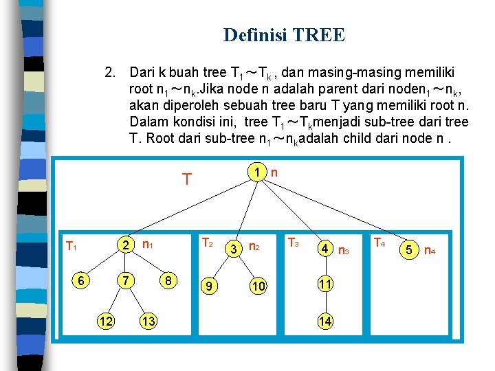 Definisi TREE 2. Dari k buah tree T 1～Tk , dan masing-masing memiliki root