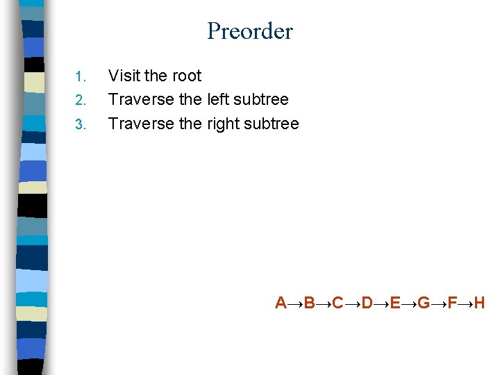 Preorder 1. 2. 3. Visit the root Traverse the left subtree Traverse the right