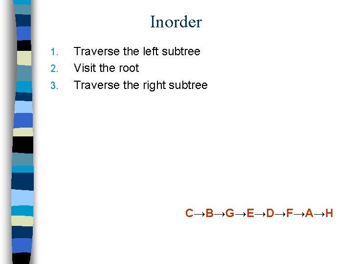 Inorder 1. 2. 3. Traverse the left subtree Visit the root Traverse the right