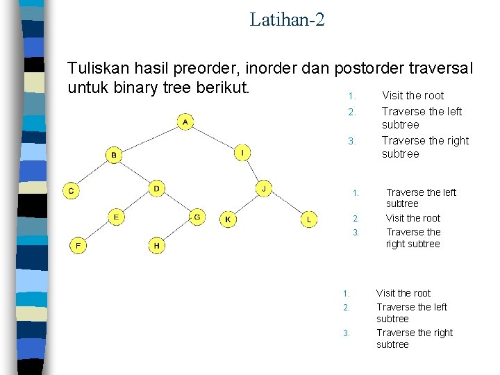 Latihan-2 Tuliskan hasil preorder, inorder dan postorder traversal untuk binary tree berikut. 1. Visit