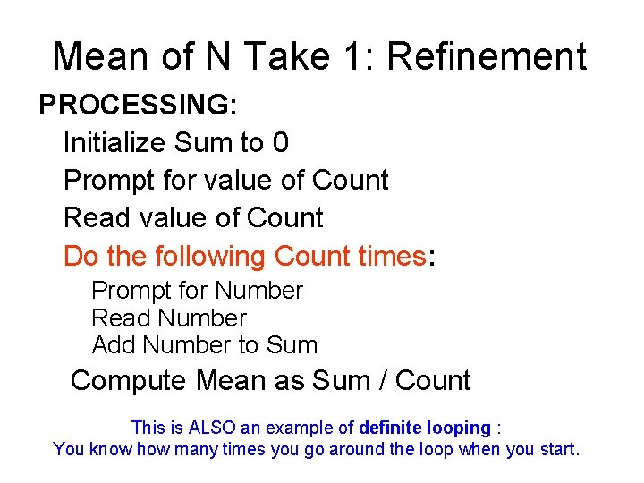 Mean of N Take 1: Refinement PROCESSING: Initialize Sum to 0 Prompt for value