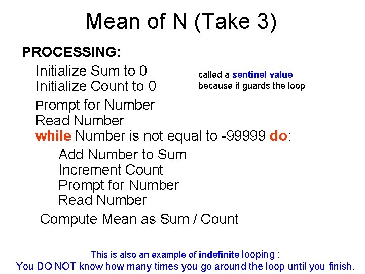 Mean of N (Take 3) PROCESSING: Initialize Sum to 0 called a sentinel value