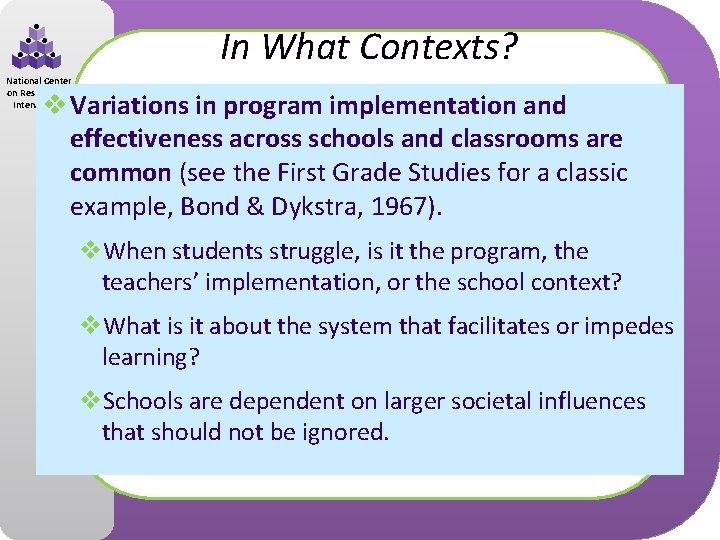 In What Contexts? National Center on Response to Intervention v Variations in program implementation