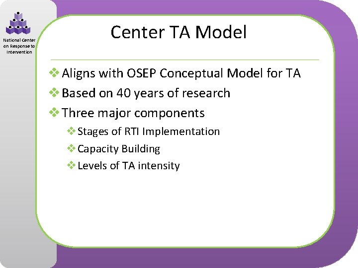 National Center on Response to Intervention Center TA Model v Aligns with OSEP Conceptual