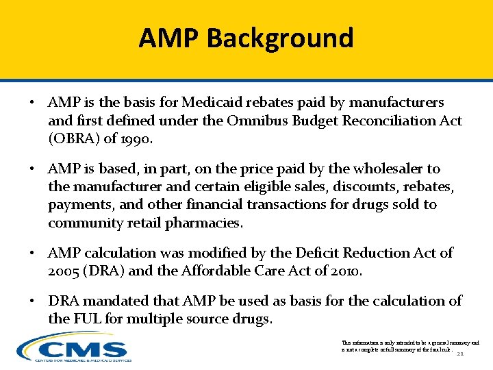 AMP Background • AMP is the basis for Medicaid rebates paid by manufacturers and