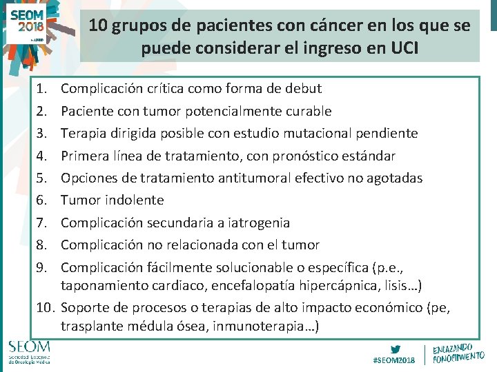 10 grupos de pacientes con cáncer en los que se puede considerar el ingreso