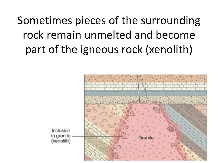 Sometimes pieces of the surrounding rock remain unmelted and become part of the igneous Sometimes pieces of the surrounding rock remain unmelted and become part of the igneous