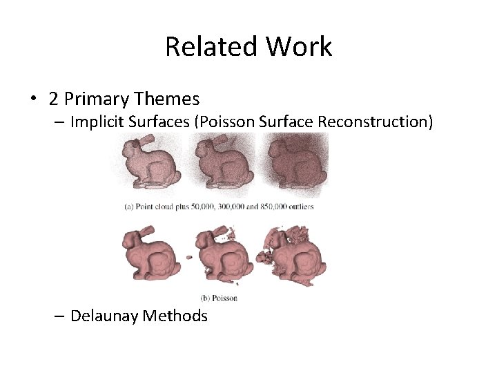 Related Work • 2 Primary Themes – Implicit Surfaces (Poisson Surface Reconstruction) – Delaunay