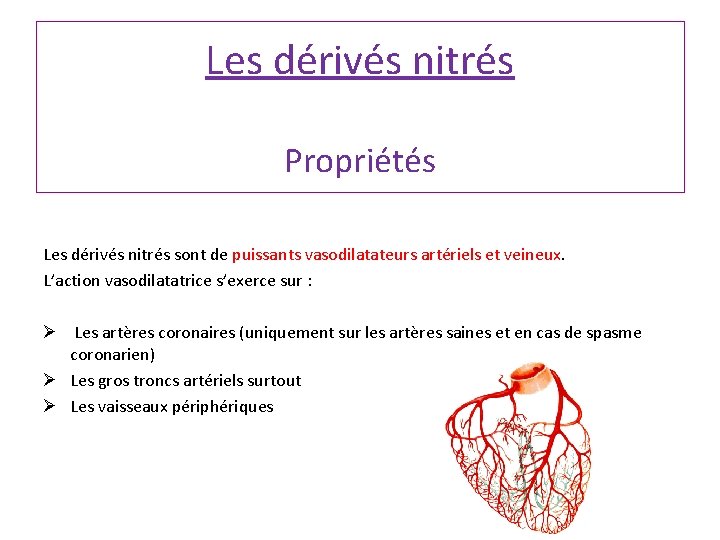 Les dérivés nitrés Propriétés Les dérivés nitrés sont de puissants vasodilatateurs artériels et veineux. Les dérivés nitrés Propriétés Les dérivés nitrés sont de puissants vasodilatateurs artériels et veineux.