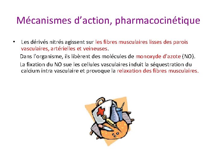 Mécanismes d’action, pharmacocinétique • Les dérivés nitrés agissent sur les fibres musculaires lisses des Mécanismes d’action, pharmacocinétique • Les dérivés nitrés agissent sur les fibres musculaires lisses des