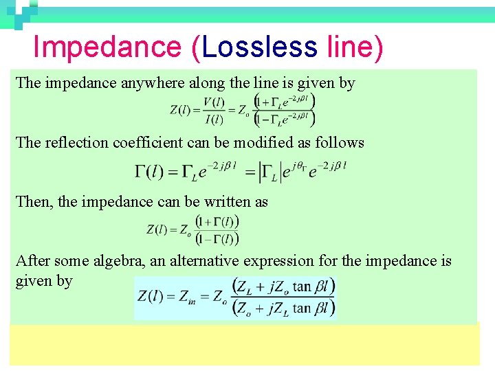 Impedance (Lossless line) The impedance anywhere along the line is given by The reflection