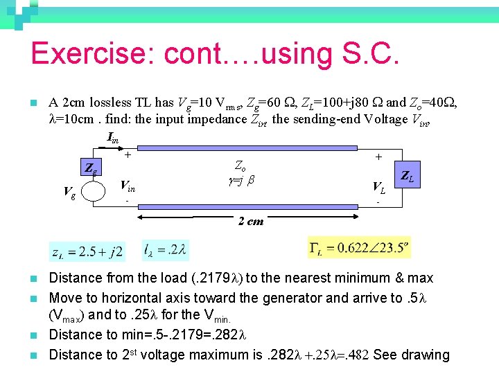 Exercise: cont…. using S. C. n A 2 cm lossless TL has Vg=10 Vrms,