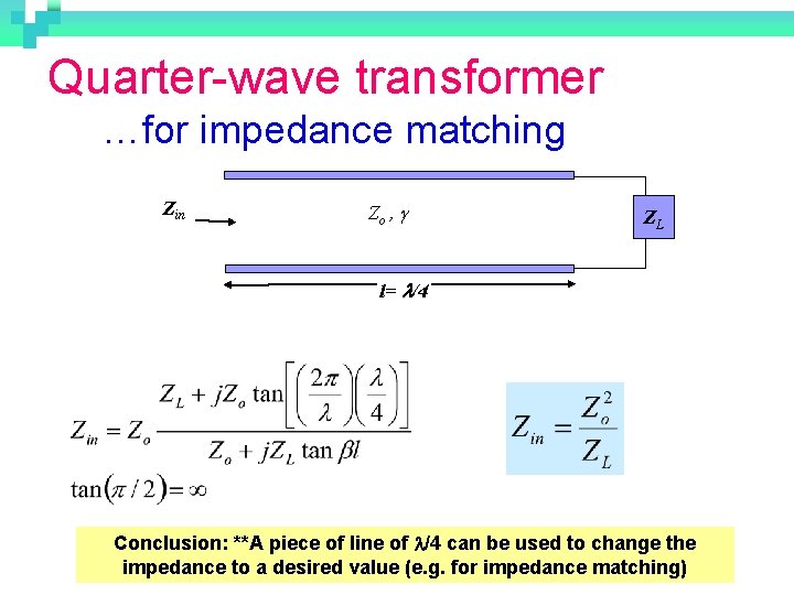 Quarter-wave transformer …for impedance matching Zin Zo , g ZL l= l/4 Conclusion: **A