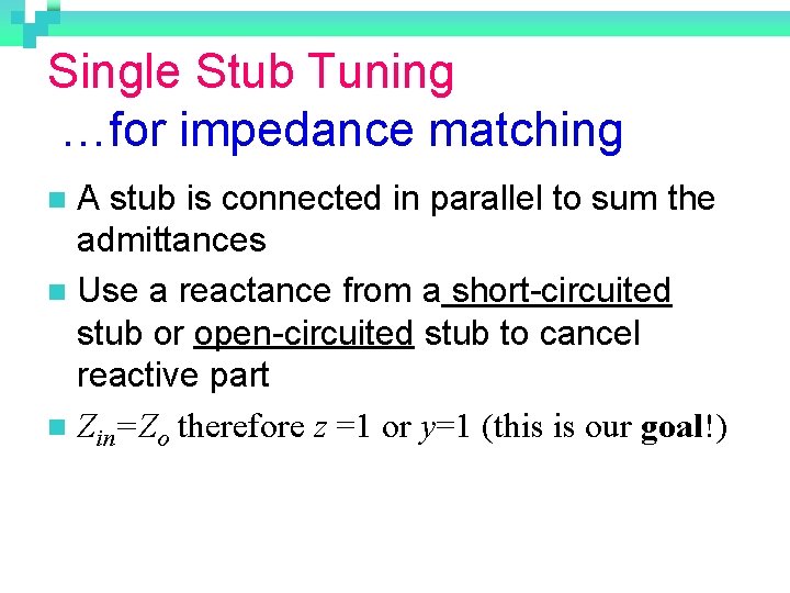 Single Stub Tuning …for impedance matching A stub is connected in parallel to sum