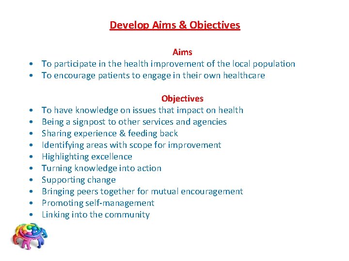 Develop Aims & Objectives Aims • To participate in the health improvement of the