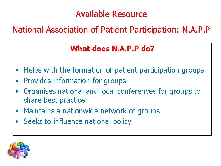 Available Resource National Association of Patient Participation: N. A. P. P What does N.