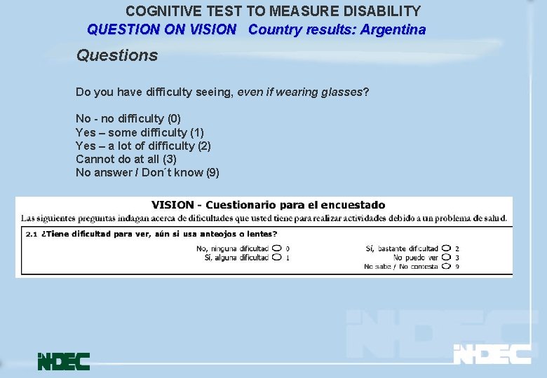 COGNITIVE TEST TO MEASURE DISABILITY QUESTION ON VISION Country results: Argentina Questions Do you