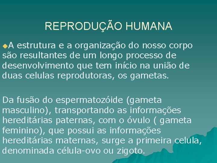 REPRODUÇÃO HUMANA u. A estrutura e a organização do nosso corpo são resultantes de