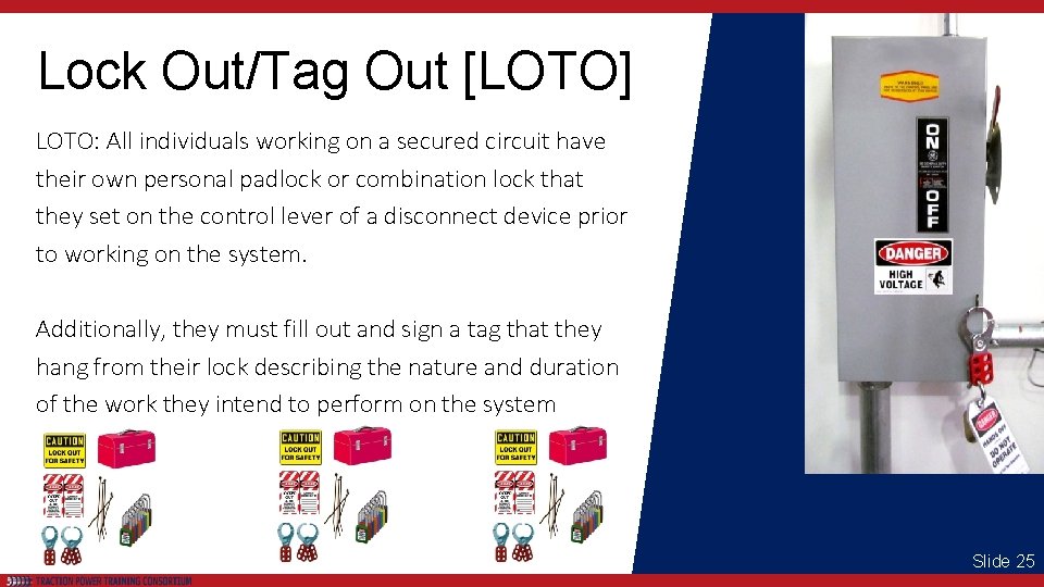 Lock Out/Tag Out [LOTO] LOTO: All individuals working on a secured circuit have their