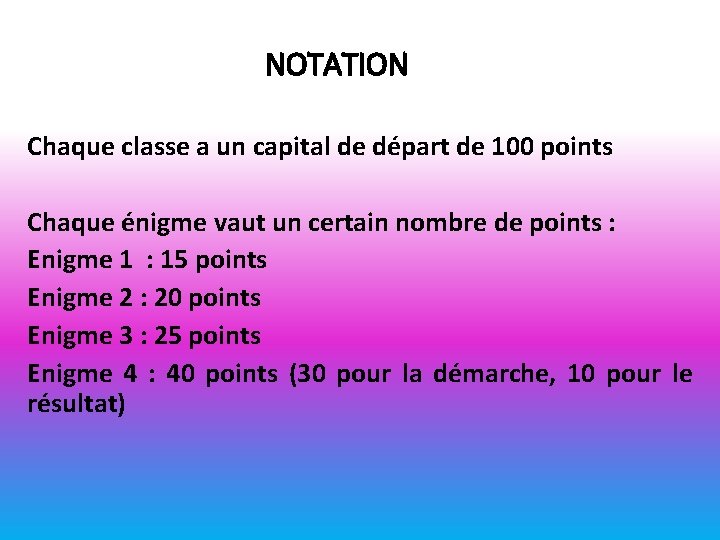 NOTATION Chaque classe a un capital de départ de 100 points Chaque énigme vaut