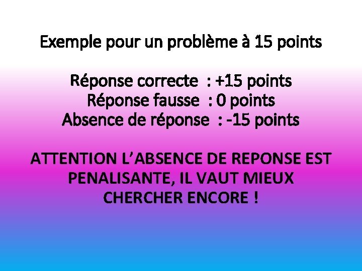 Exemple pour un problème à 15 points Réponse correcte : +15 points Réponse fausse