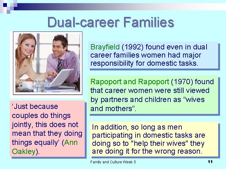 Dual-career Families Brayfield (1992) found even in dual career families women had major responsibility