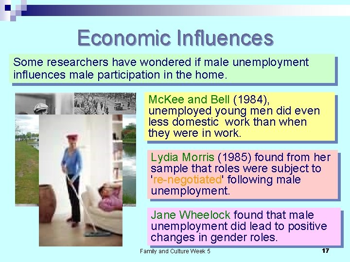 Economic Influences Some researchers have wondered if male unemployment influences male participation in the