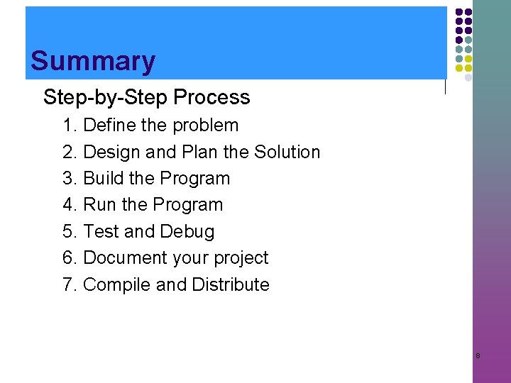 Summary Step-by-Step Process 1. Define the problem 2. Design and Plan the Solution 3.