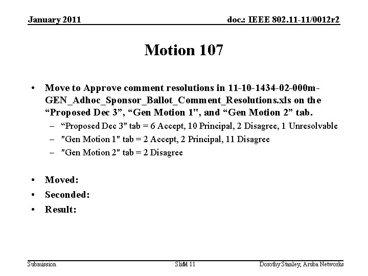 January 2011 doc. : IEEE 802. 11 -11/0012 r 2 Motion 107 • Move