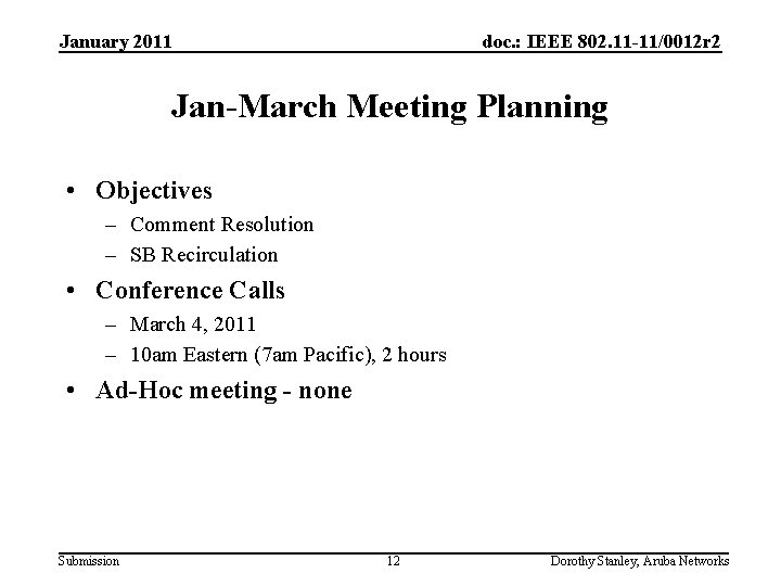 January 2011 doc. : IEEE 802. 11 -11/0012 r 2 Jan-March Meeting Planning •