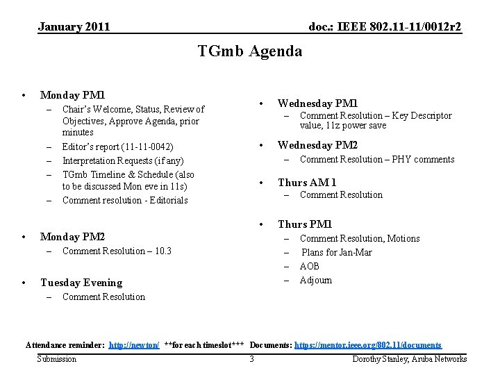 January 2011 doc. : IEEE 802. 11 -11/0012 r 2 TGmb Agenda • Monday
