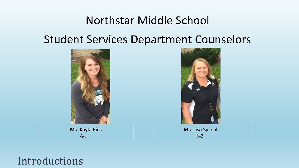 Northstar Middle School Student Services Department Counselors Ms. Kayla Rick A-J Introductions Ms. Lisa