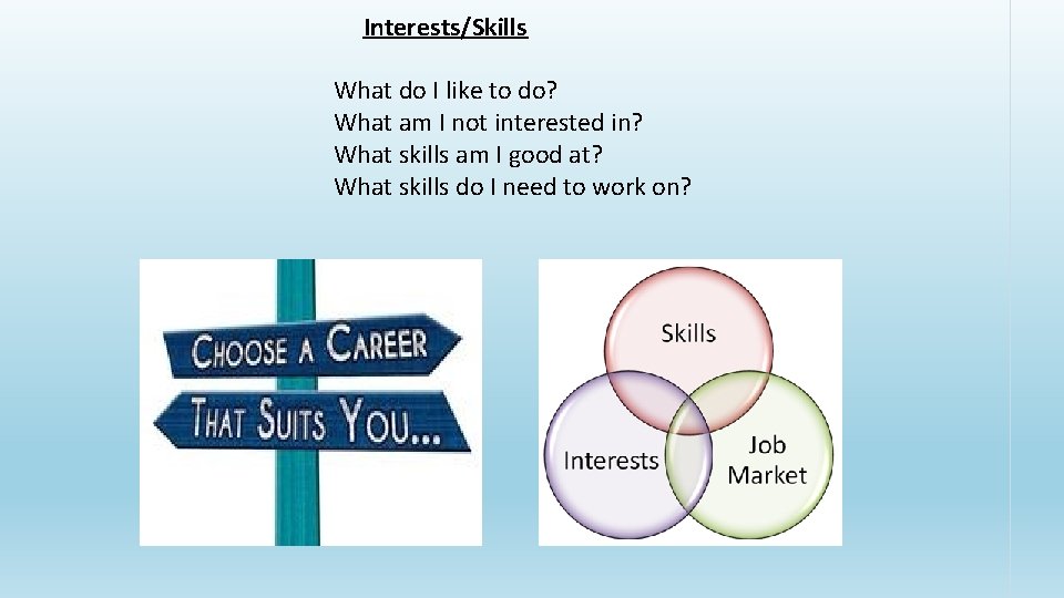 Interests/Skills What do I like to do? What am I not interested in? What