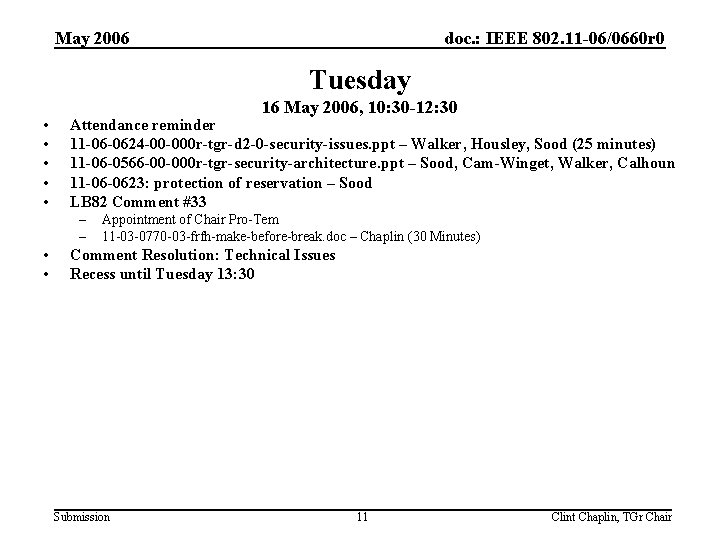 May 2006 doc. : IEEE 802. 11 -06/0660 r 0 Tuesday • • •