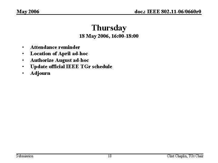 May 2006 doc. : IEEE 802. 11 -06/0660 r 0 Thursday 18 May 2006,