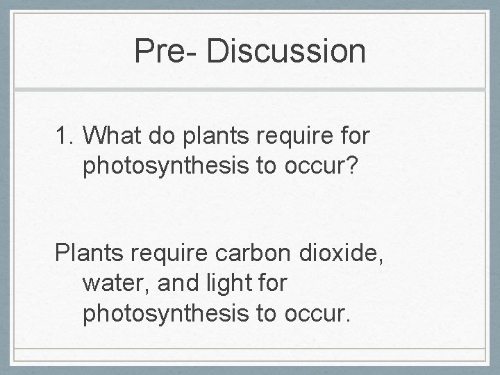 Pre- Discussion 1. What do plants require for photosynthesis to occur? Plants require carbon