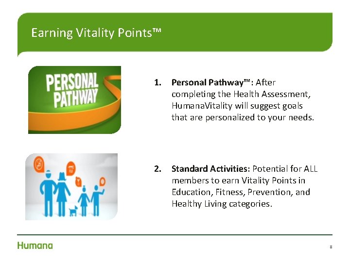 Earning Vitality Points™ 1. Personal Pathway™: After completing the Health Assessment, Humana. Vitality will
