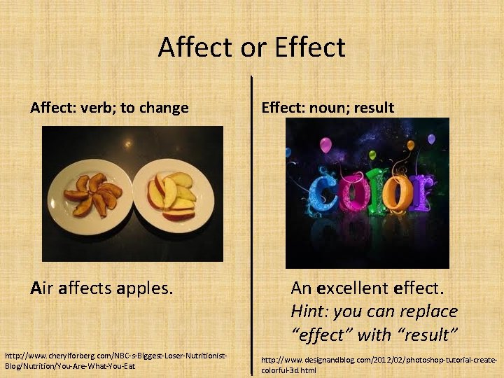 Affect or Effect Affect: verb; to change Air affects apples. http: //www. cherylforberg. com/NBC-s-Biggest-Loser-Nutritionist.