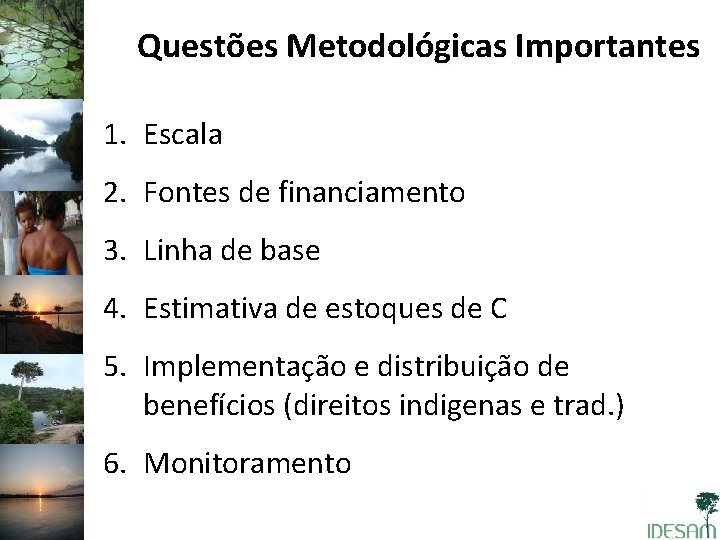 Questões Metodológicas Importantes 1. Escala 2. Fontes de financiamento 3. Linha de base 4.