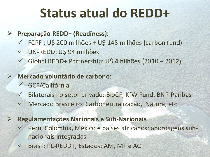 Status atual do REDD+ Ø Preparação REDD+ (Readiness): ü FCPF : U$ 200 milhões